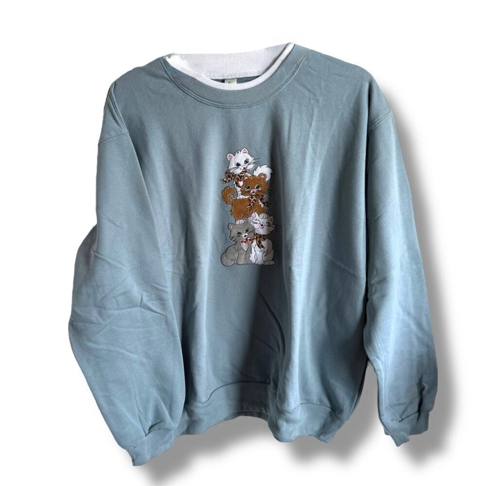 Morning Sun Crewneck Sweatshirt with Ribbed Trim Cat Appliqué Granny Womens L - Picture 3 of 7